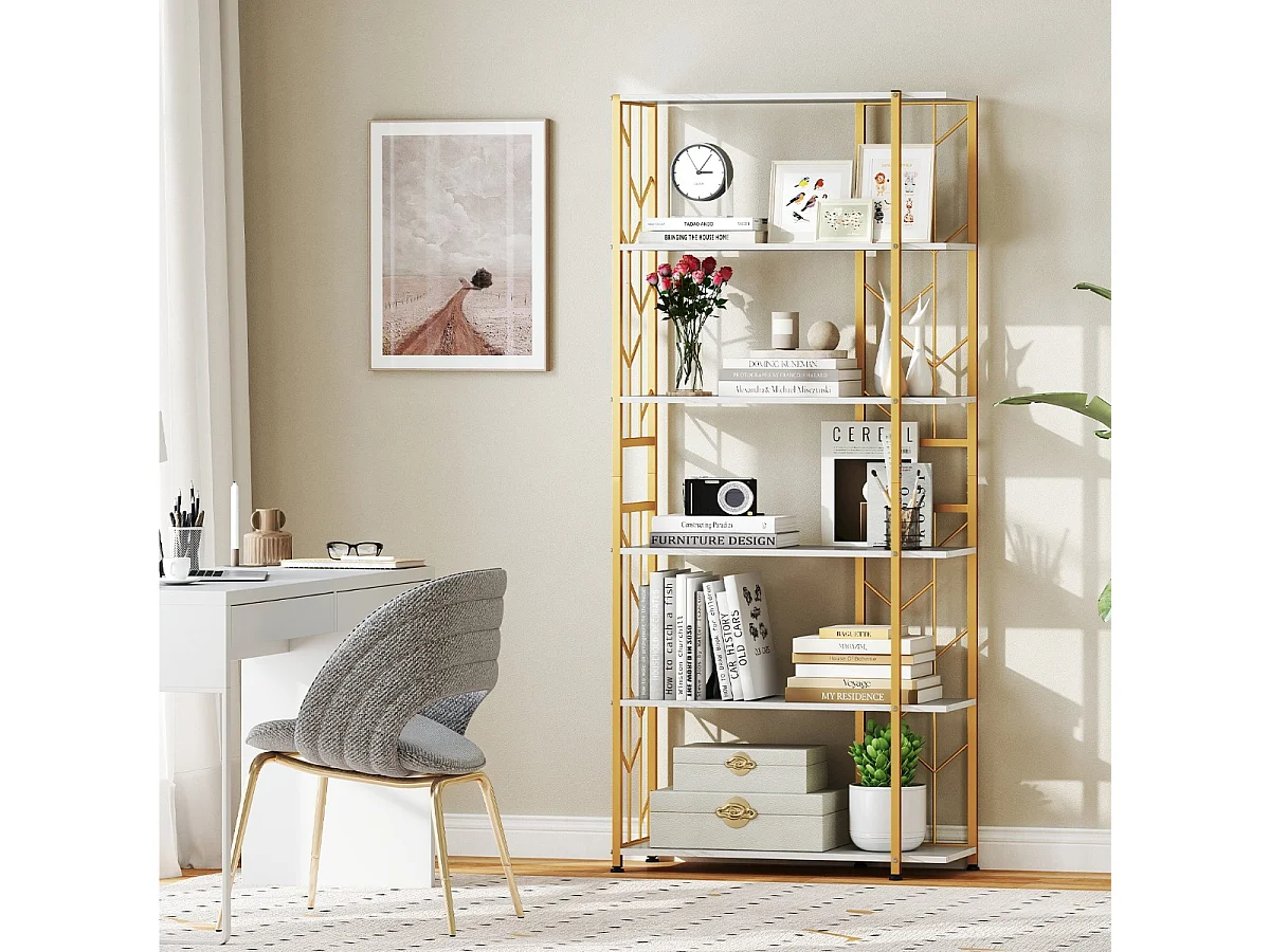 Libreria geometrica moderna con telaio in metallo da letto, Libreria a 6 ripiani con 2 kit antiribaltamento per soggiorno Bianco