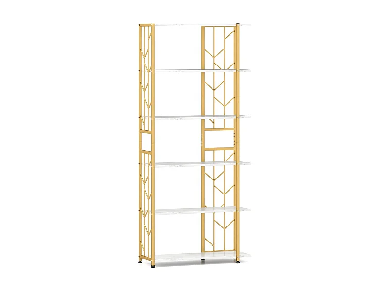 Libreria geometrica moderna con telaio in metallo da letto, Libreria a 6 ripiani con 2 kit antiribaltamento per soggiorno Bianco