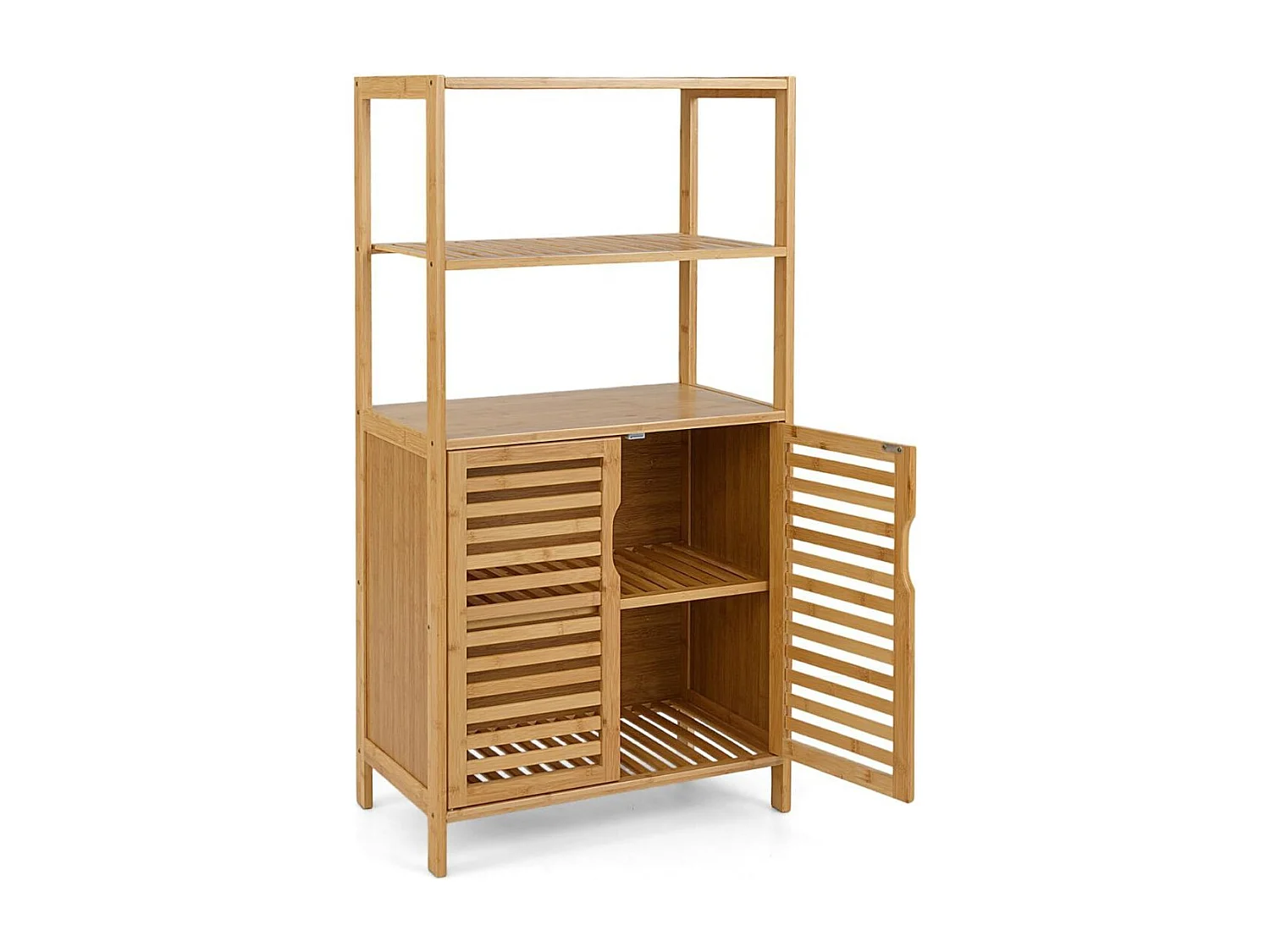 Scaffale in bambù con ante a 4 ripiani con mensole aperte e armadio con persiane, Scaffale di stoccaggio moderno Naturale