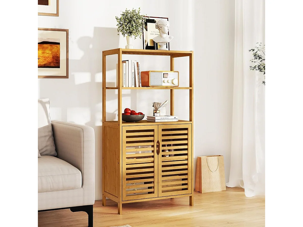 Scaffale in bambù con ante a 4 ripiani con mensole aperte e armadio con persiane, Scaffale di stoccaggio moderno Naturale