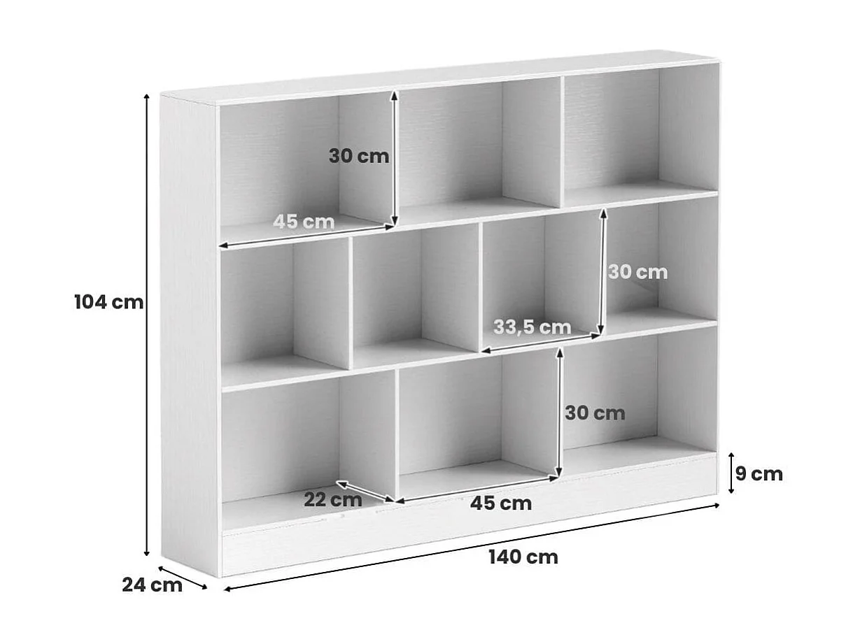 3 Ebenen Bücherregal mit 10 Fächern Standregal Würfelregal Büroregal 140 x 24 x 104 cm Weiß