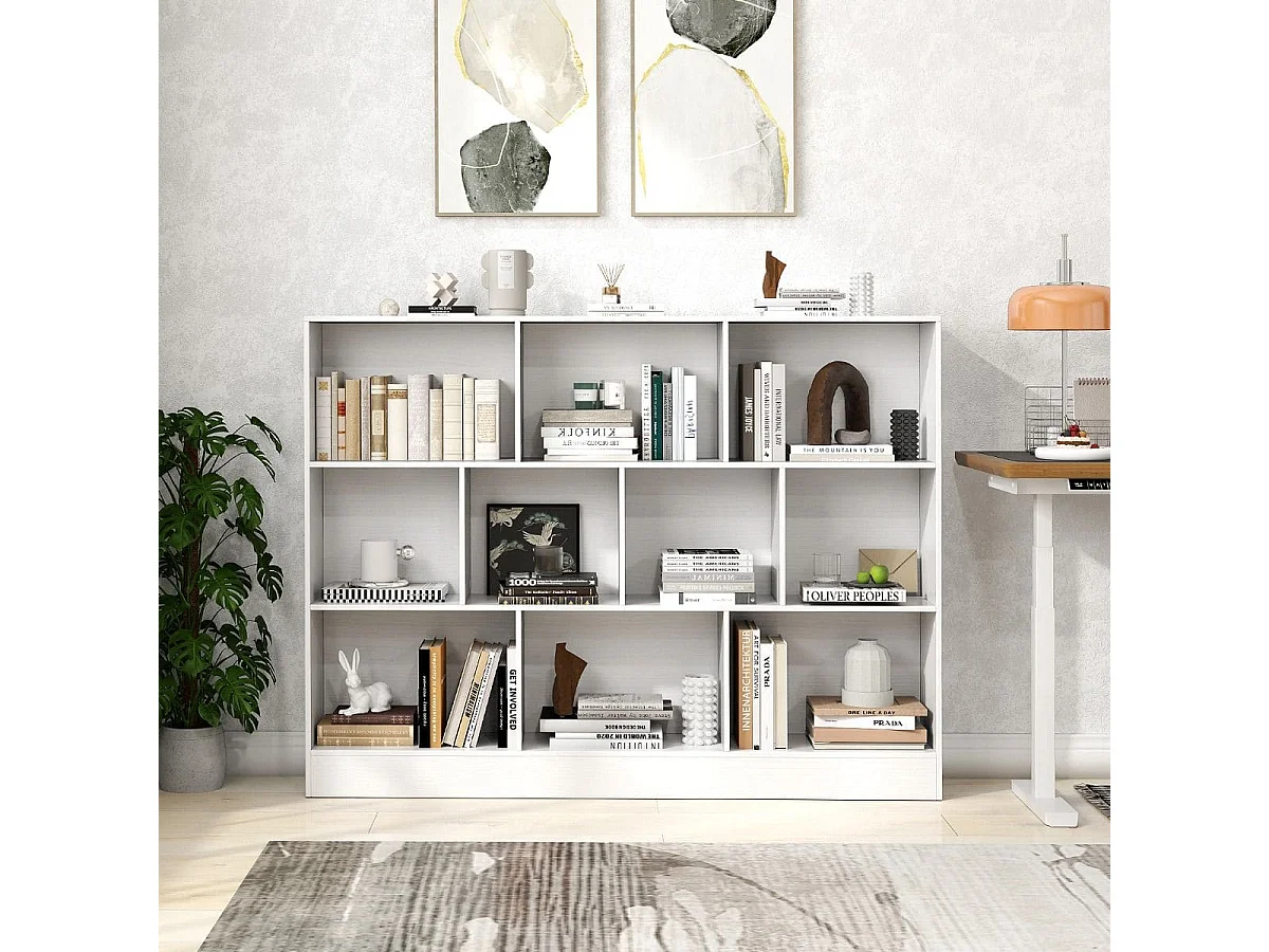 3 Ebenen Bücherregal mit 10 Fächern Standregal Würfelregal Büroregal 140 x 24 x 104 cm Weiß