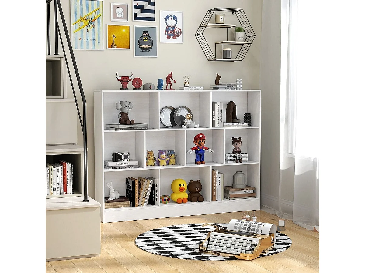 3 Ebenen Bücherregal mit 10 Fächern Standregal Würfelregal Büroregal 140 x 24 x 104 cm Weiß