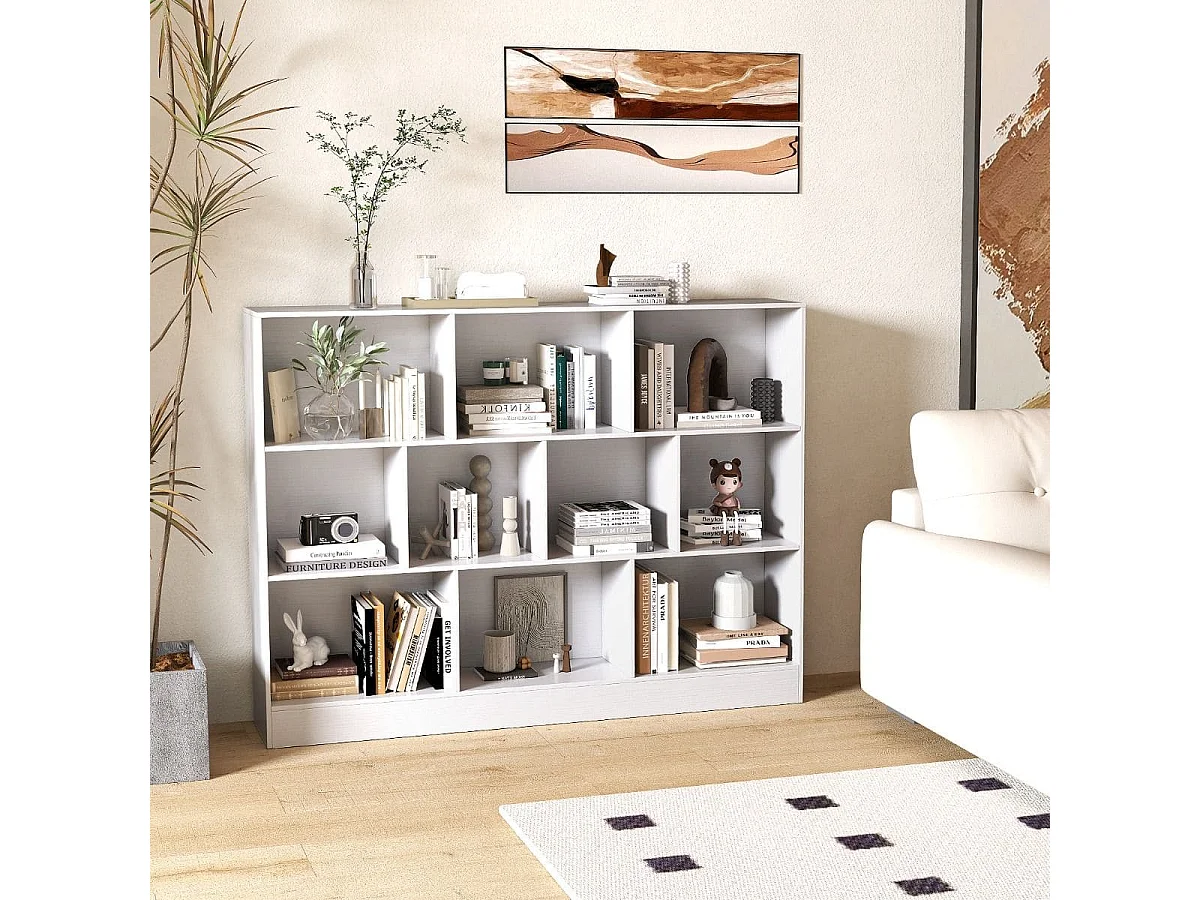 3 Ebenen Bücherregal mit 10 Fächern Standregal Würfelregal Büroregal 140 x 24 x 104 cm Weiß