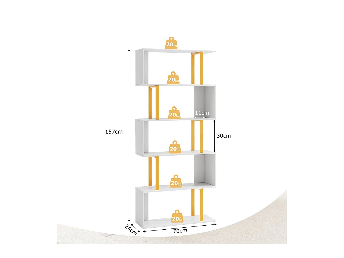 Bücherregal Weiß Standregal mit 5 Ebenen S-förmig Büroregal freistehend 70 x 24 x 157 cm