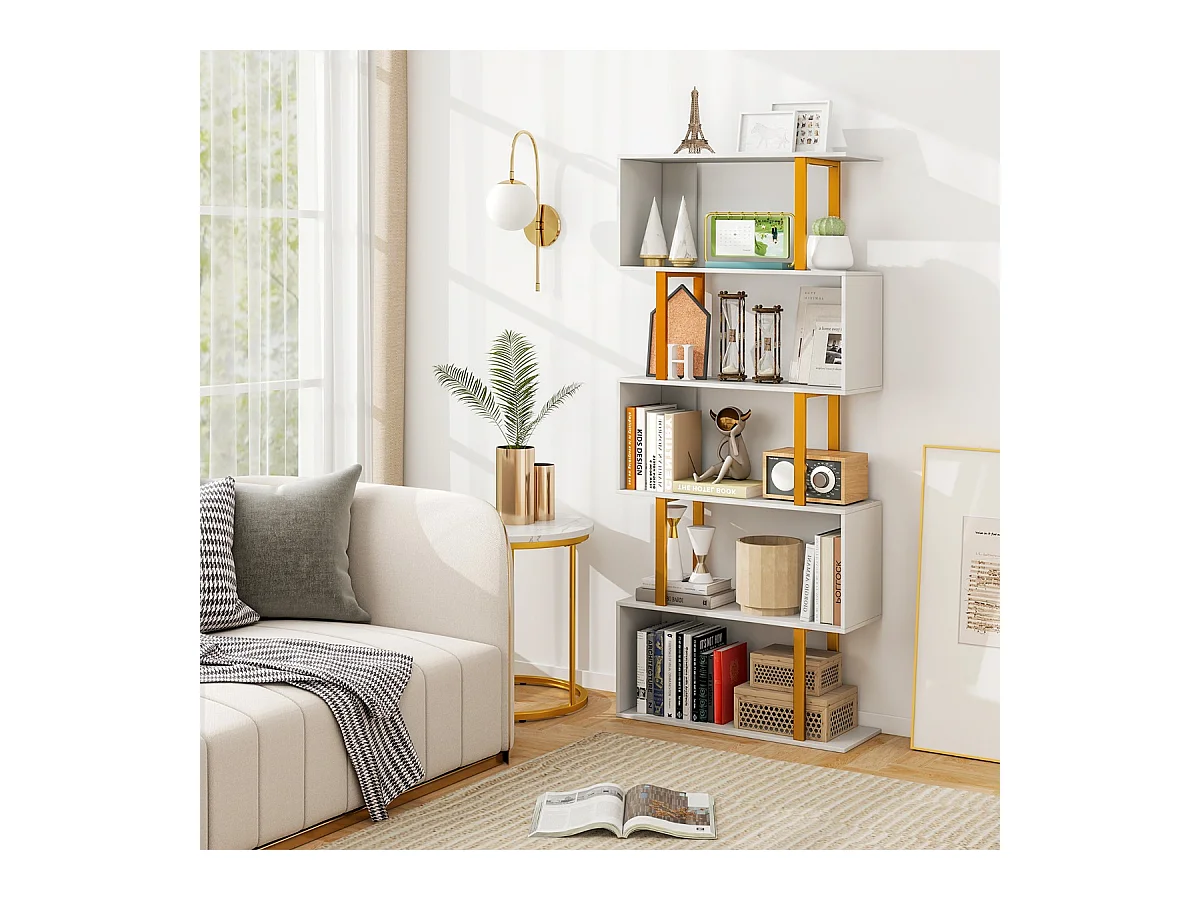 Bücherregal Weiß Standregal mit 5 Ebenen S-förmig Büroregal freistehend 70 x 24 x 157 cm