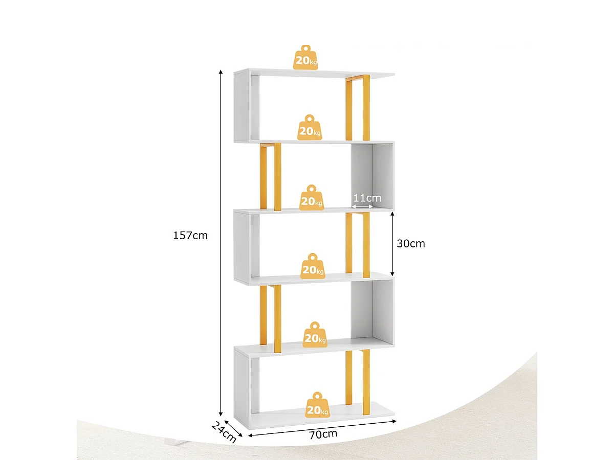 Bibliothèque Géométrique à 5 Niveaux Etagère en Forme de ‘S' de 157 cm Cadre en Métal Etagère de Rangement Blanc
