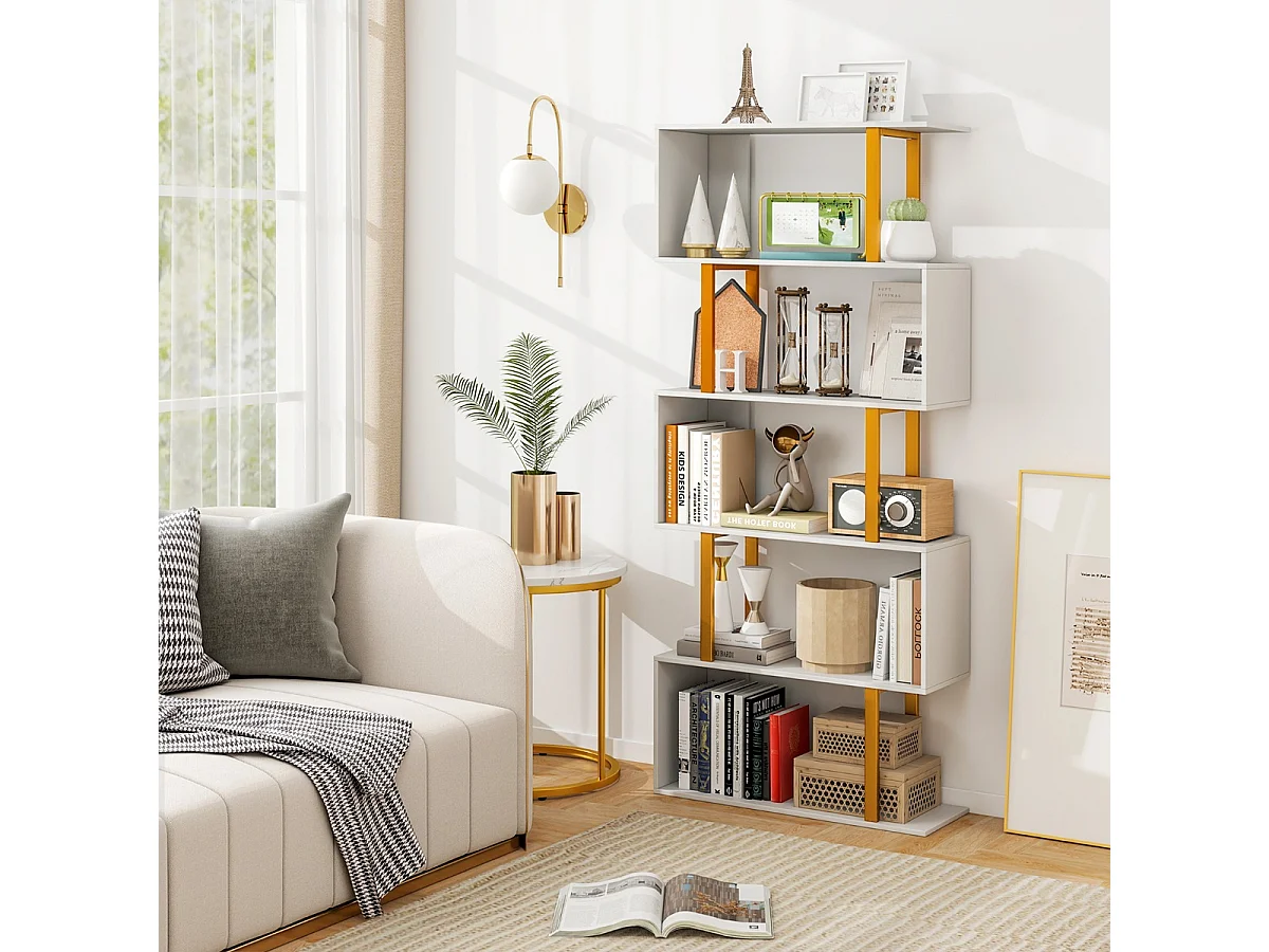 Bibliothèque Géométrique à 5 Niveaux Etagère en Forme de ‘S' de 157 cm Cadre en Métal Etagère de Rangement Blanc