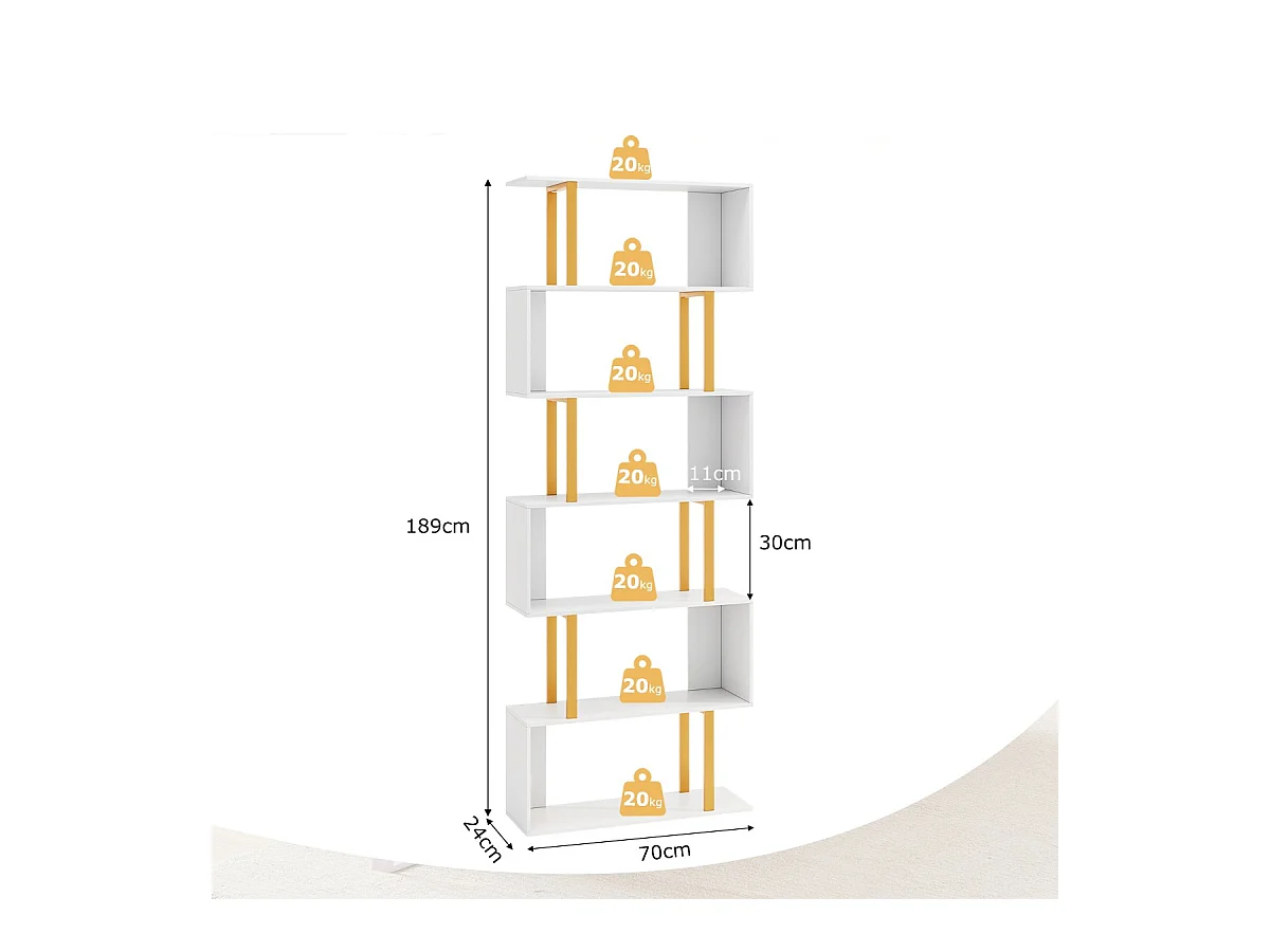 Libreria geometrica autoportante a 6 ripiani con kit anti-ribaltamento, Mensola a forma di S per esposizione