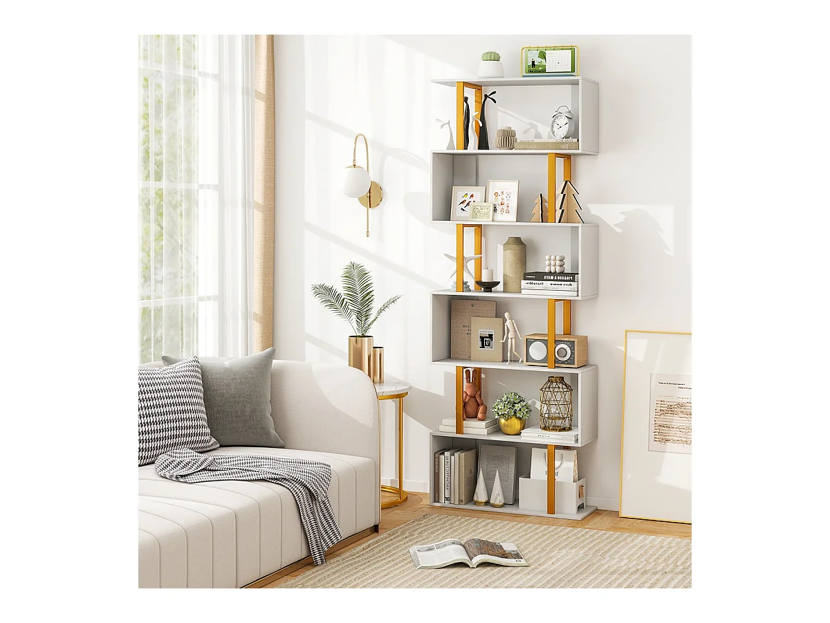 Libreria geometrica autoportante a 6 ripiani con kit anti-ribaltamento, Mensola a forma di S per esposizione