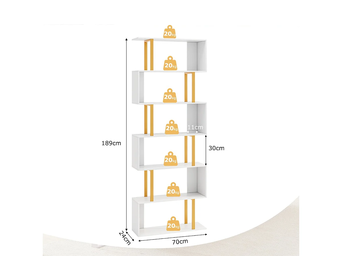 Bibliothèque Géométrique à 6 Niveaux Etagère en Forme de ‘S' de 189 cm Cadre en Métal Etagère de Rangement Blanc