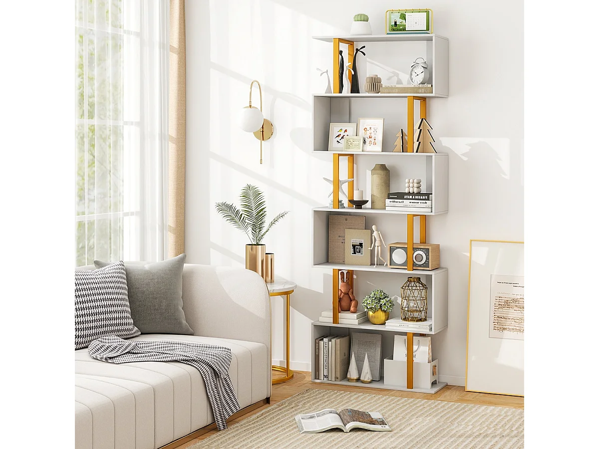 Bibliothèque Géométrique à 6 Niveaux Etagère en Forme de ‘S' de 189 cm Cadre en Métal Etagère de Rangement Blanc