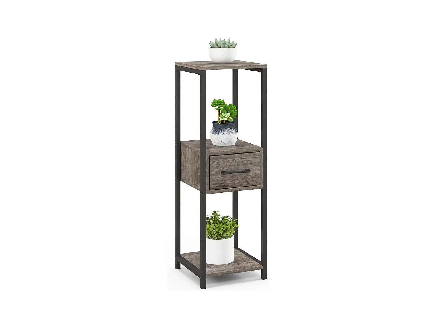 Supports de Plantes en Métal à 3 Niveaux Porte-Plantes Carré avec Kits Anti-basculement 1 Tiroir Organisateur d'Angle de Pots Gris + Noir