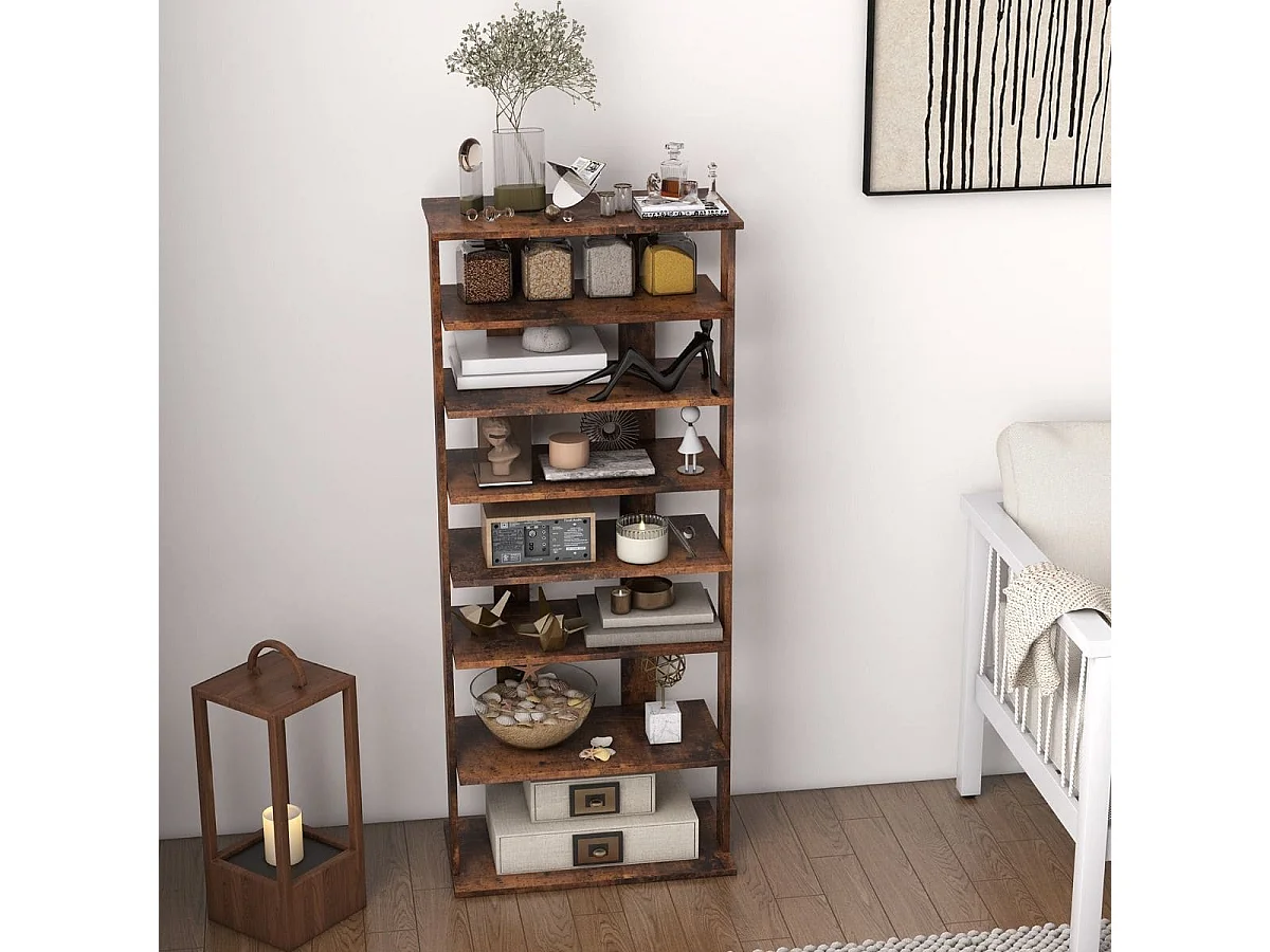 Höheverstellbarer 8 stufiger Schuhständer aus Holz Schuhregal Freistehender Eckregal Braun