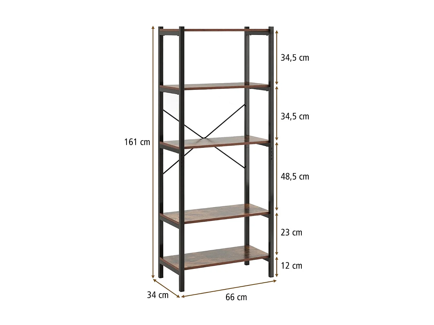 5 stufiges Bücherregal Standregal industriell aus Holz mit Metallrahmen 66 x 34 x 161 cm