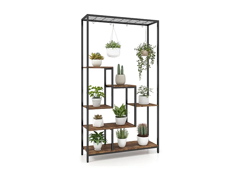 Pflanzenständer 6 Etagen 180 cm Pflanzenregal Metall mit 10 S-Haken Schwarz + Rustikales Braun