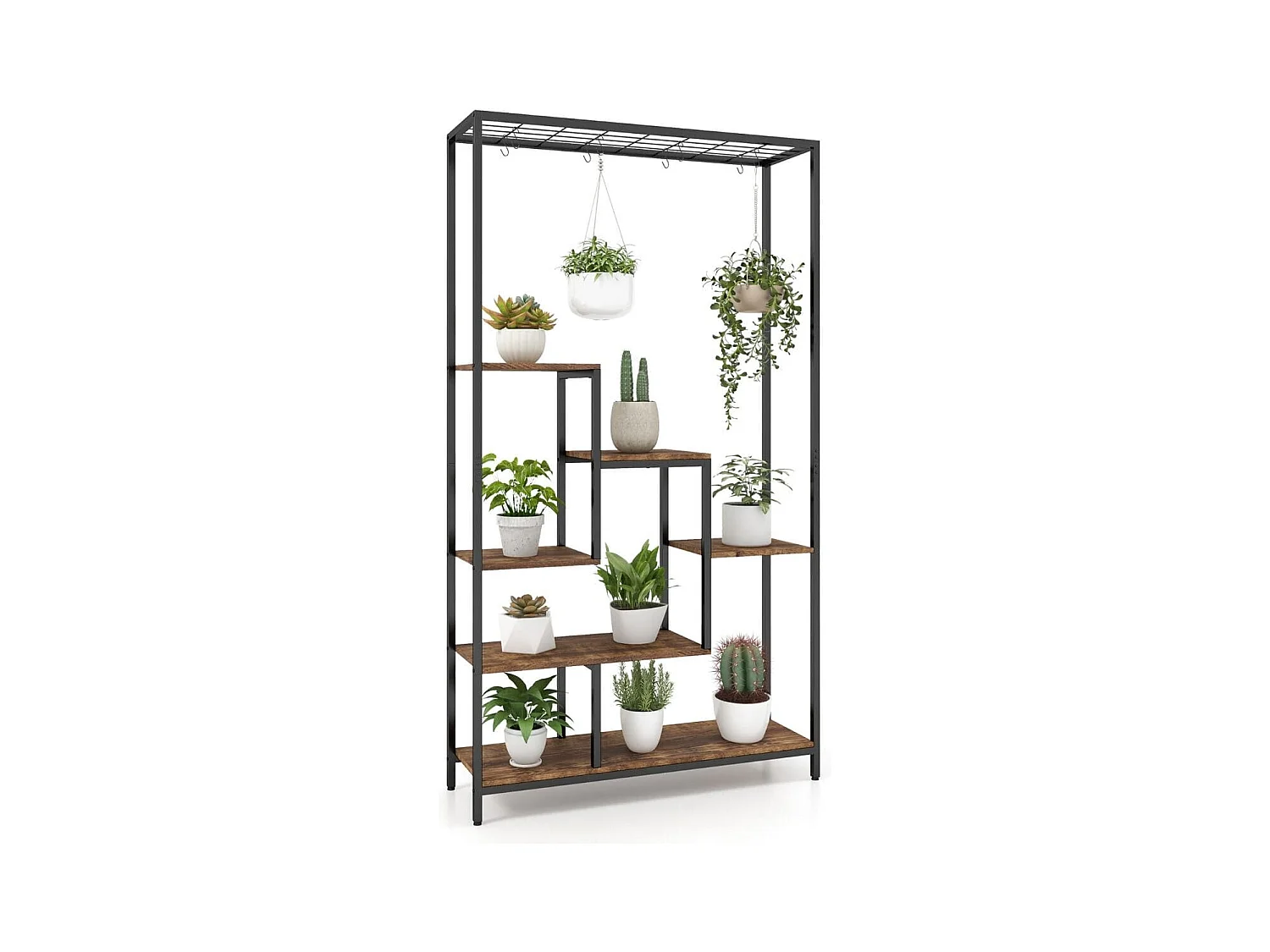 Scaffale per piante 180cm a 6 livelli con 10 ganci e ripiani per piante, Scaffale porta piante in metallo Marrone