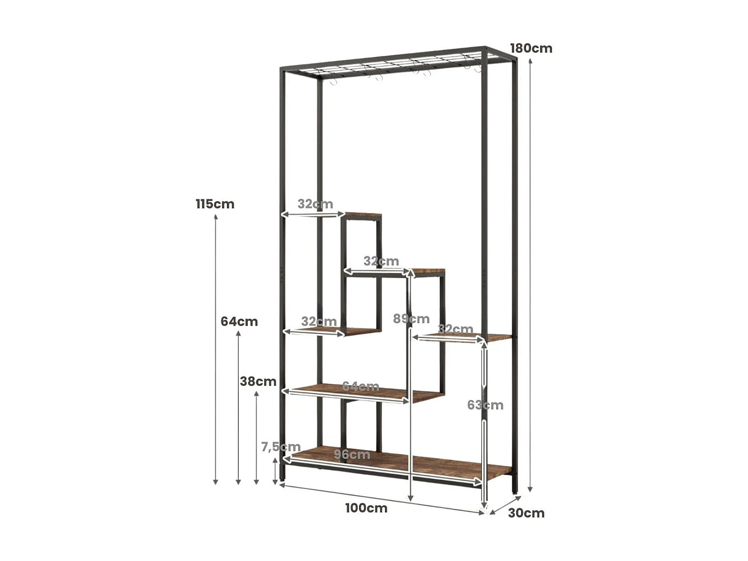 Pflanzenständer 6 Etagen 180 cm Pflanzenregal Metall mit 10 S-Haken Schwarz + Rustikales Braun
