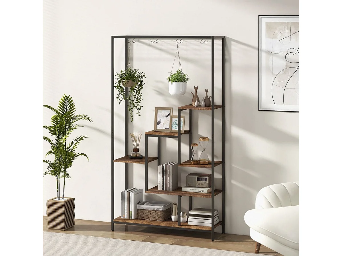 Pflanzenständer 6 Etagen 180 cm Pflanzenregal Metall mit 10 S-Haken Schwarz + Rustikales Braun