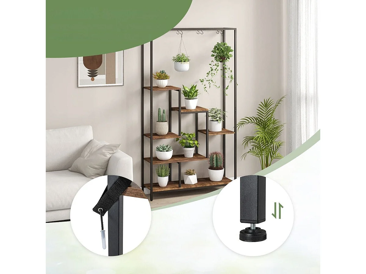 Pflanzenständer 6 Etagen 180 cm Pflanzenregal Metall mit 10 S-Haken Schwarz + Rustikales Braun