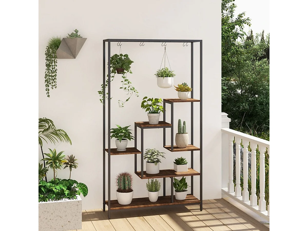 Pflanzenständer 6 Etagen 180 cm Pflanzenregal Metall mit 10 S-Haken Schwarz + Rustikales Braun