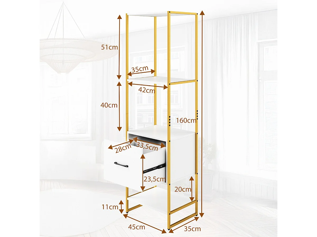 Scaffale a 5 ripiani con cassetto e struttura in metallo, Organizzatore di stoccaggio a ripiani per soggiorno Bianco