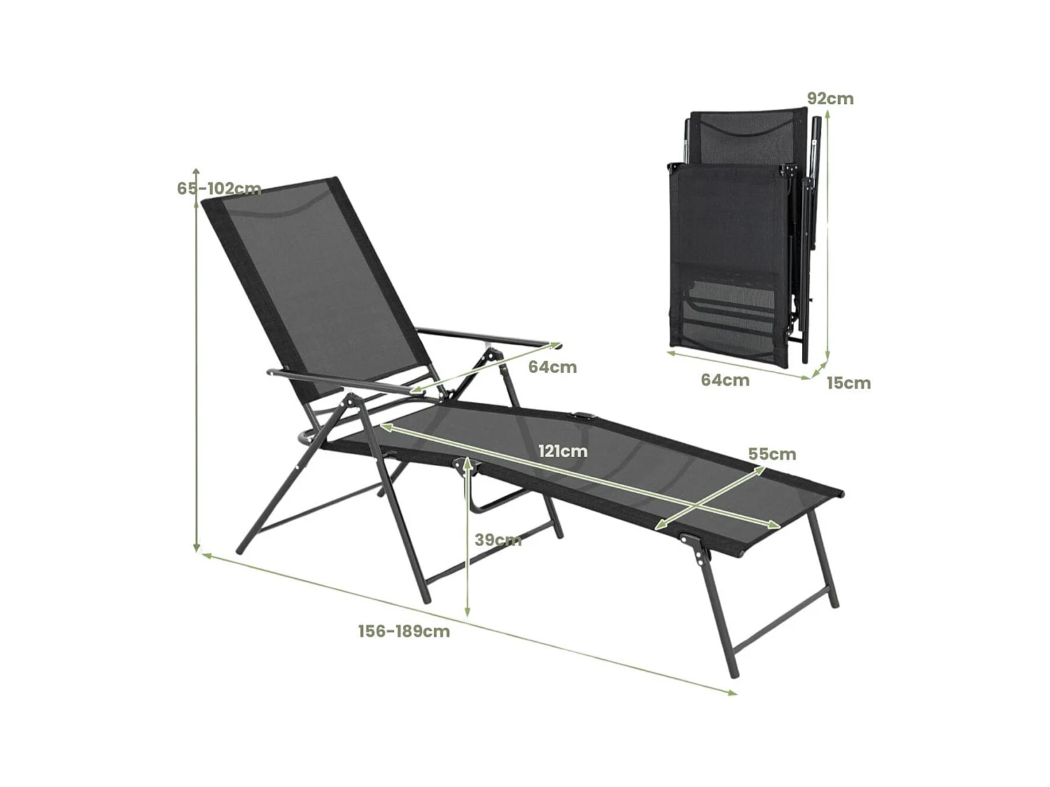 2er Set Sonnenliege klappbar Gartenliege mit verstellbarer Rückenlehne Schwarz