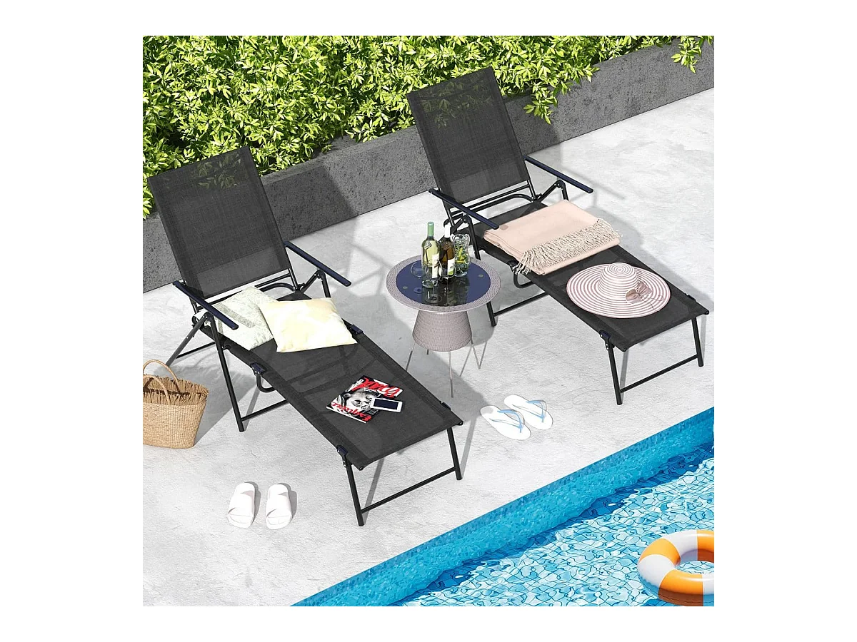 2er Set Sonnenliege klappbar Gartenliege mit verstellbarer Rückenlehne Schwarz