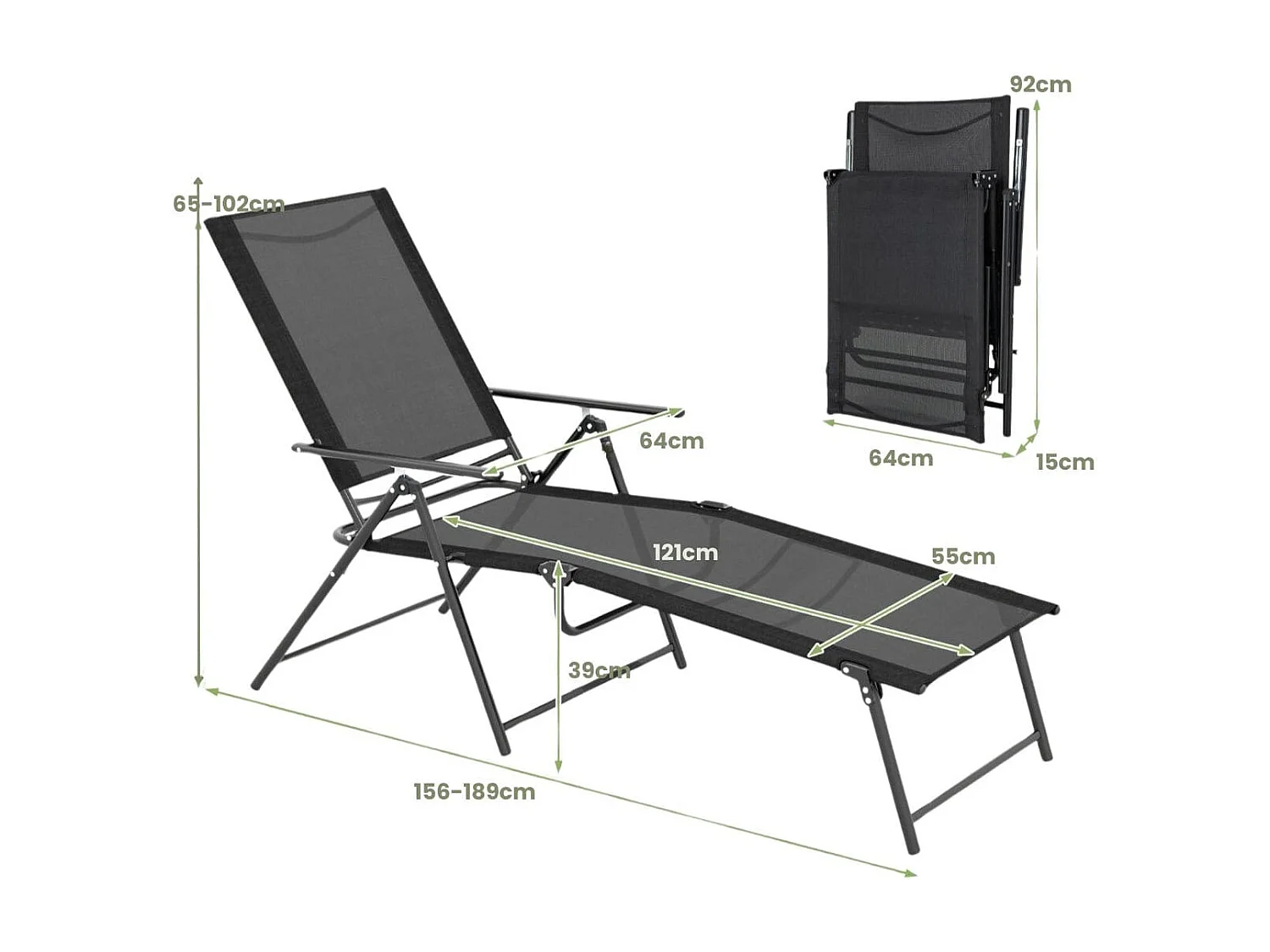 Chaises Longues Pliantes Fauteuil 2 Pièces Dossier à 6 Niveaux Tissu de Siège Respirant Cadre en Métal Solide Chaises Inclinables Réglables Noir