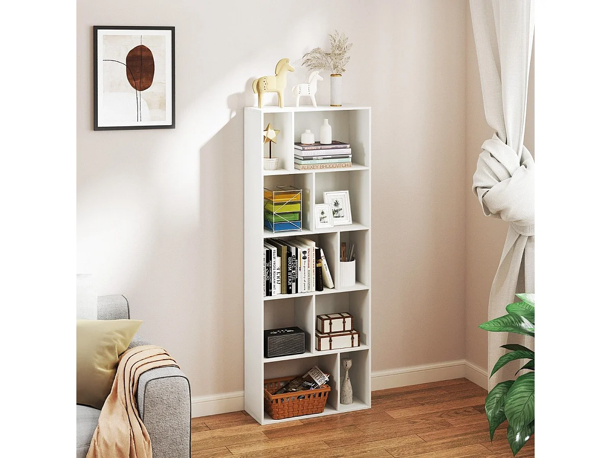 Bibliothèque à 5 Niveaux Etagère de Rangement en Bois avec 10 Compartiments Séparateur de Pièce au Sol Blanc