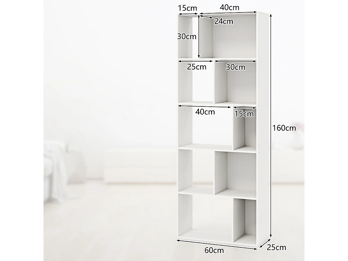 Bibliothèque à 5 Niveaux Etagère de Rangement en Bois avec 10 Compartiments Séparateur de Pièce au Sol Blanc