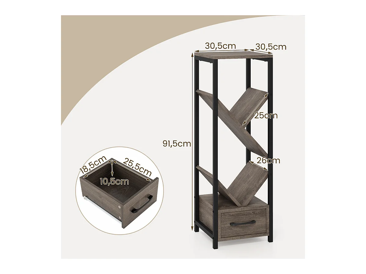 Étagère à Livres en Forme d'Arbre Bibliothèque à 4 Niveaux avec Tiroir Kits Anti-Basculement Cadre en Métal Gris