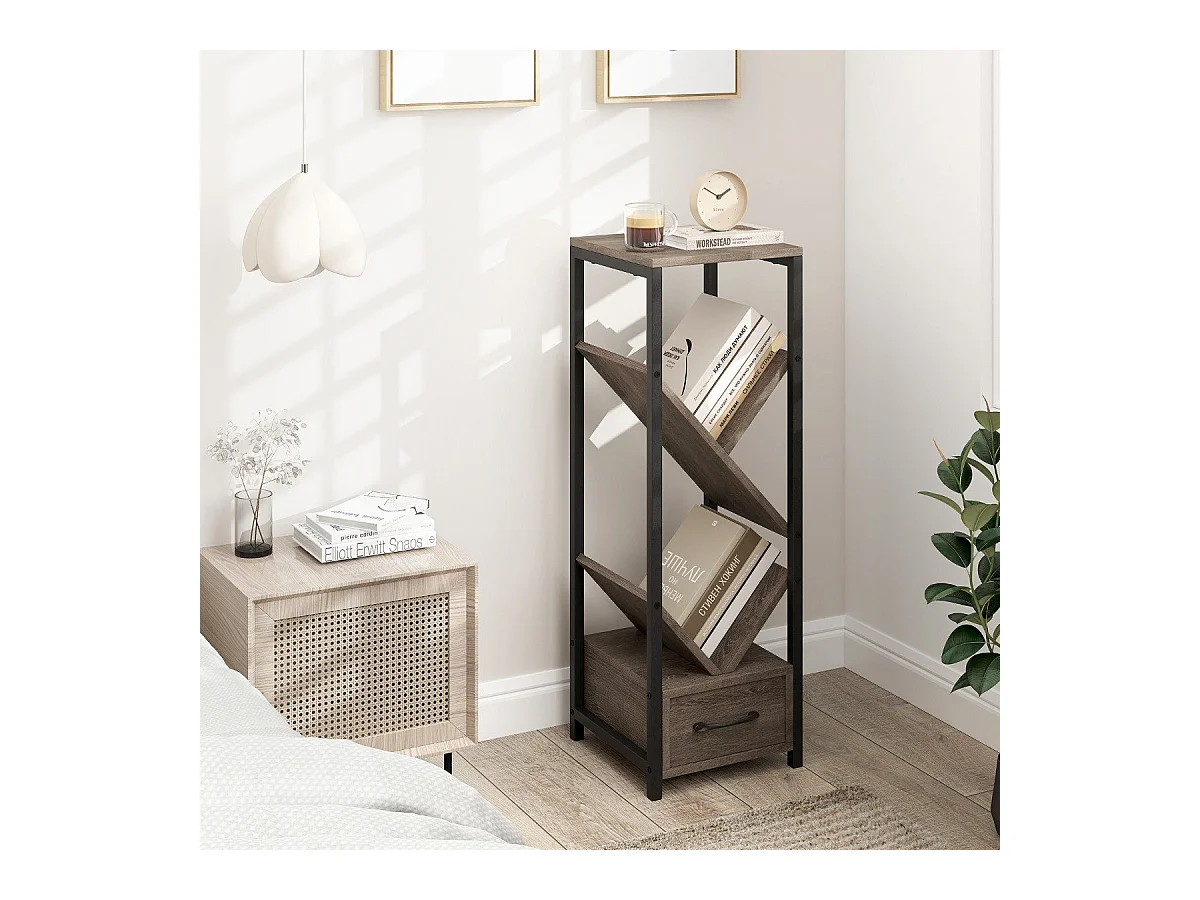 Étagère à Livres en Forme d'Arbre Bibliothèque à 4 Niveaux avec Tiroir Kits Anti-Basculement Cadre en Métal Gris