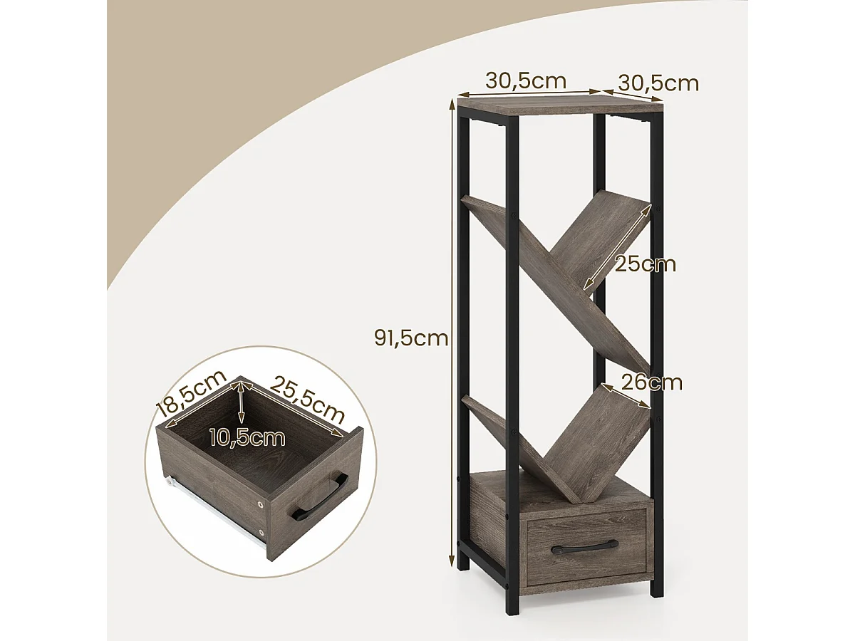 Étagère à Livres en Forme d'Arbre Bibliothèque à 4 Niveaux avec Tiroir Kits Anti-Basculement Cadre en Métal Gris