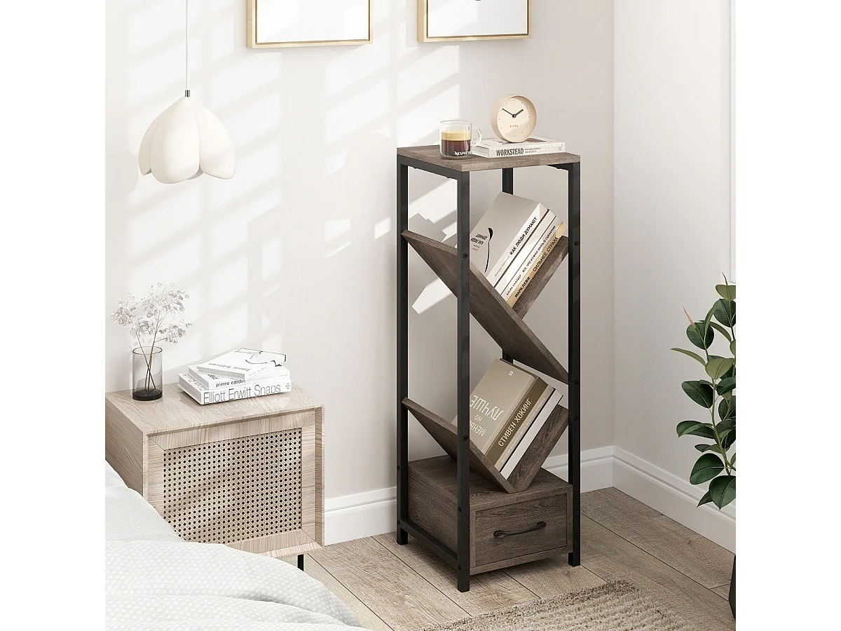 Étagère à Livres en Forme d'Arbre Bibliothèque à 4 Niveaux avec Tiroir Kits Anti-Basculement Cadre en Métal Gris