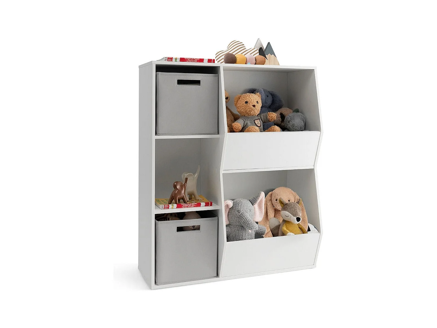 Organisateur de Rangement Bibliothèque en Bois pour Enfants à 5 Compartiments 2 Bacs en Tissu Étagère de Rangement Ouvert pour Jouets Blanc
