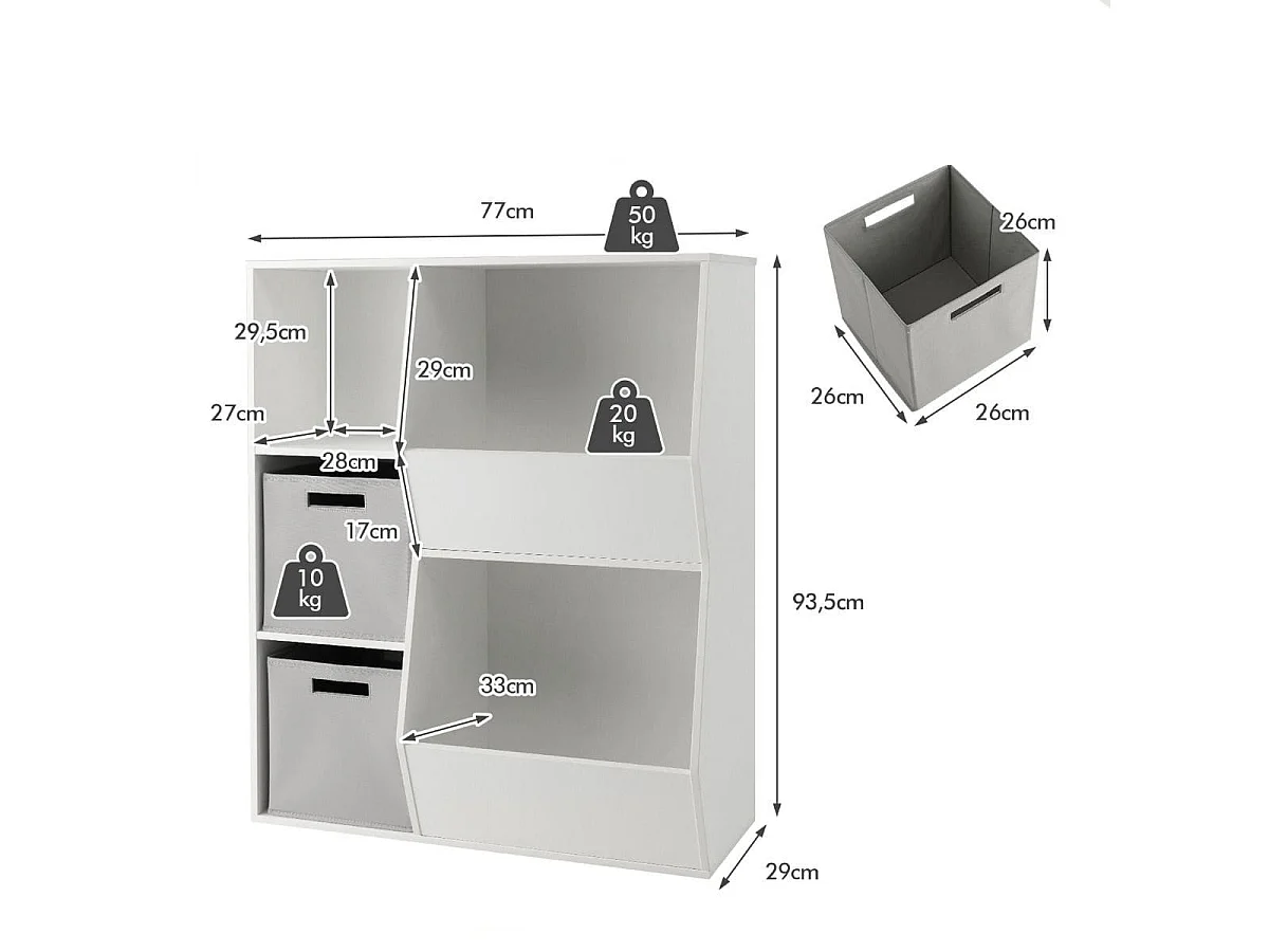 Mobile portagiochi per bambini in legno, Libreria a cubi con 5 ripiani e 2 contenitori di tessuto Bianco