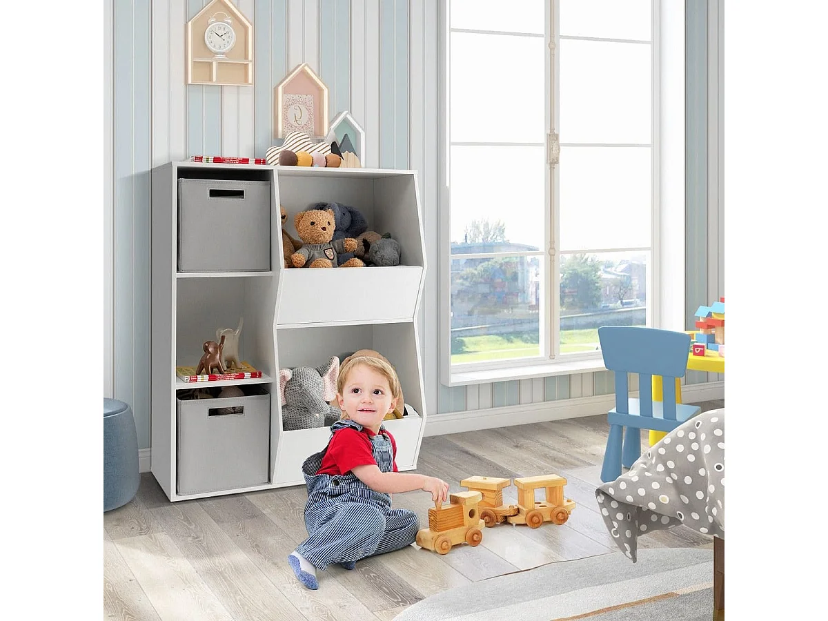 Mobile portagiochi per bambini in legno, Libreria a cubi con 5 ripiani e 2 contenitori di tessuto Bianco