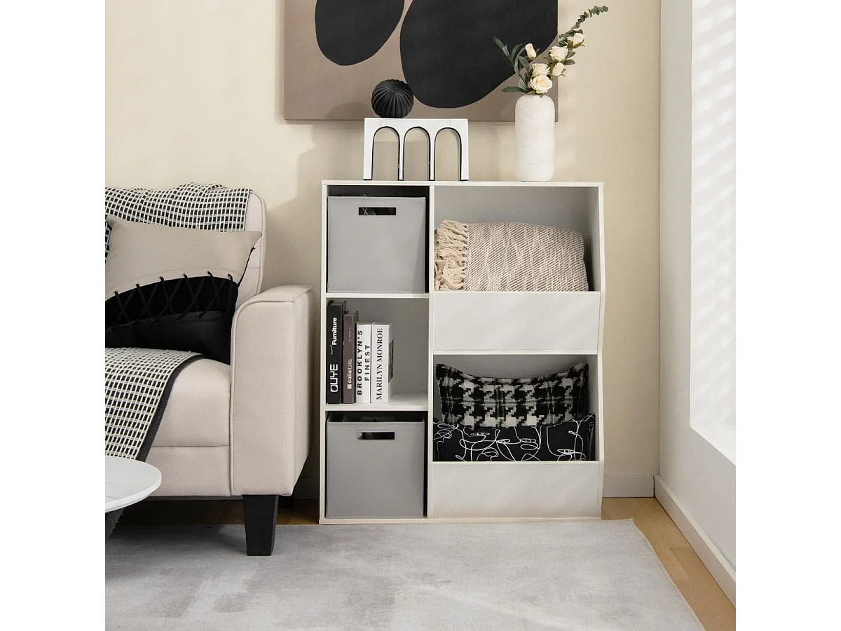Mobile portagiochi per bambini in legno, Libreria a cubi con 5 ripiani e 2 contenitori di tessuto Bianco