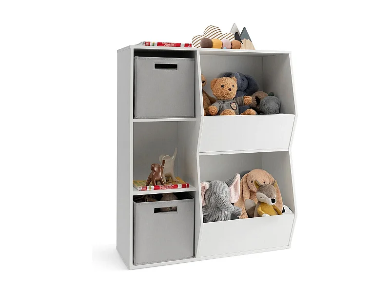 Mobile portagiochi per bambini in legno, Libreria a cubi con 5 ripiani e 2 contenitori di tessuto Bianco
