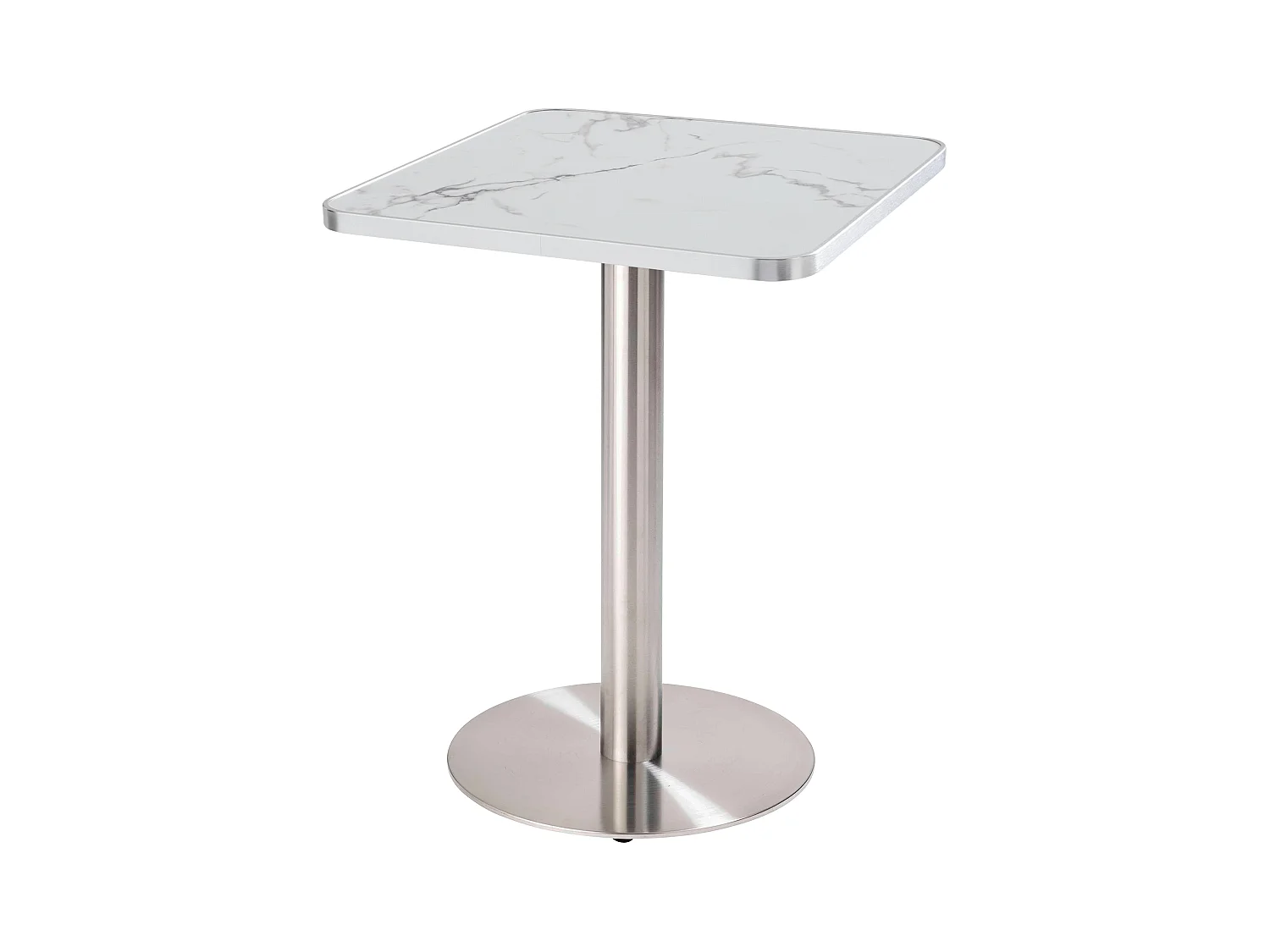 Table à manger 60 x 60cm pied argent et revêtement marbre blanc/argent
