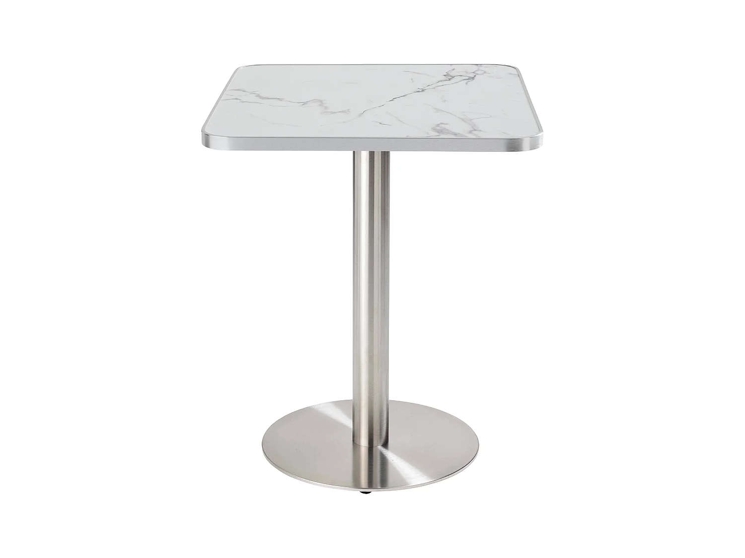 Table à manger 60 x 60cm pied argent et revêtement marbre blanc/argent