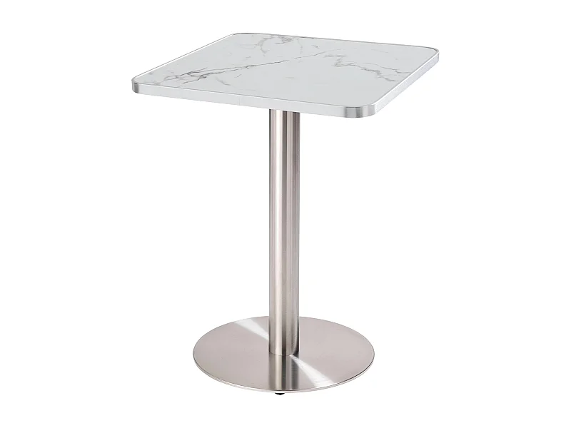 Table à manger 60 x 60cm pied argent et revêtement marbre blanc/argent