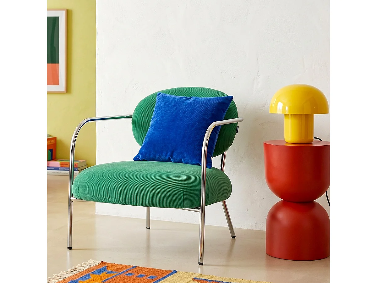 Fauteuil en velours côtelé vert électrique et piètement chromé - Léon