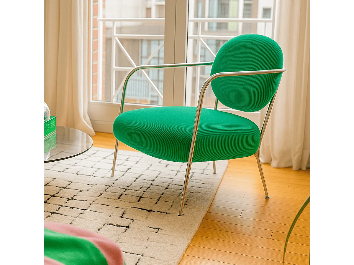 Fauteuil en velours côtelé vert électrique et piètement chromé - Léon