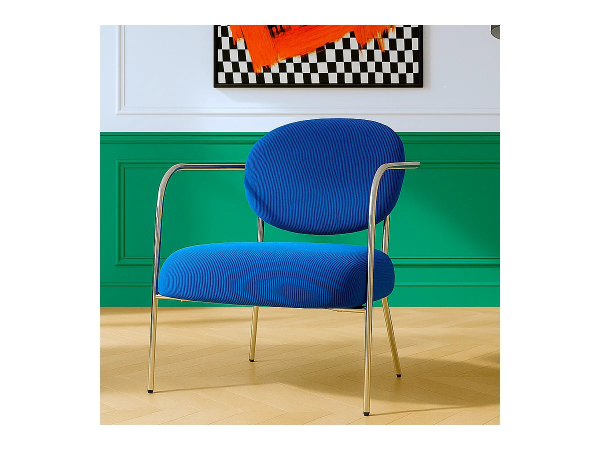 Fauteuil en velours côtelé bleu électrique et piètement chromé - Léon