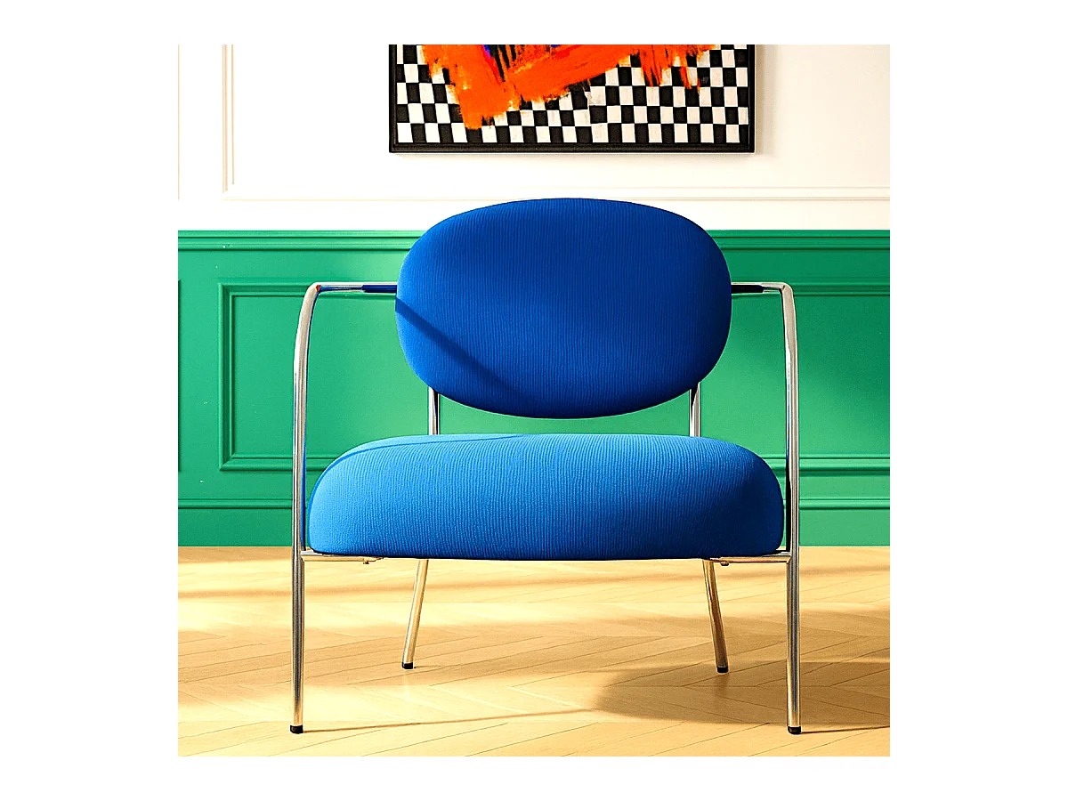 Fauteuil en velours côtelé bleu électrique et piètement chromé - Léon