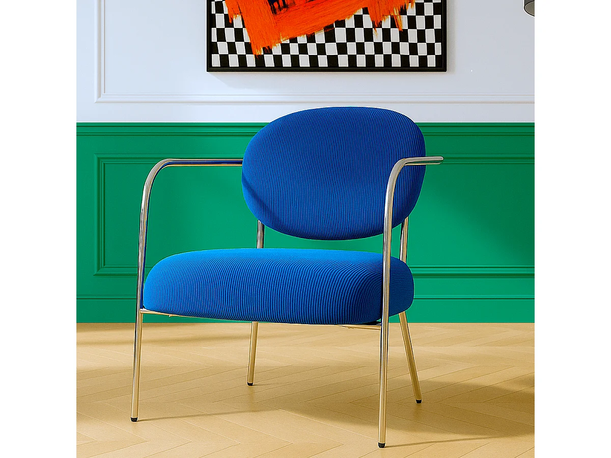 Fauteuil en velours côtelé bleu électrique et piètement chromé - Léon