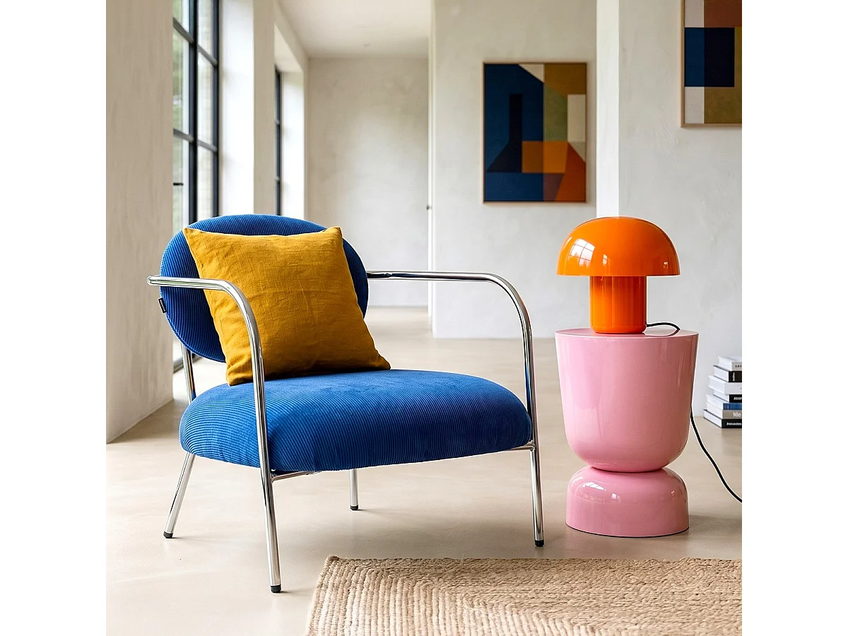 Fauteuil en velours côtelé bleu électrique et piètement chromé - Léon