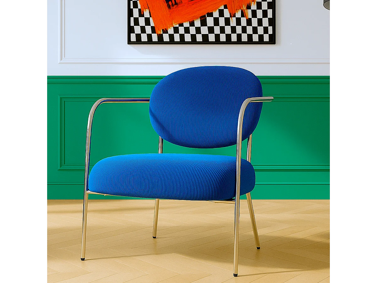 Fauteuil en velours côtelé bleu électrique et piètement chromé - Léon